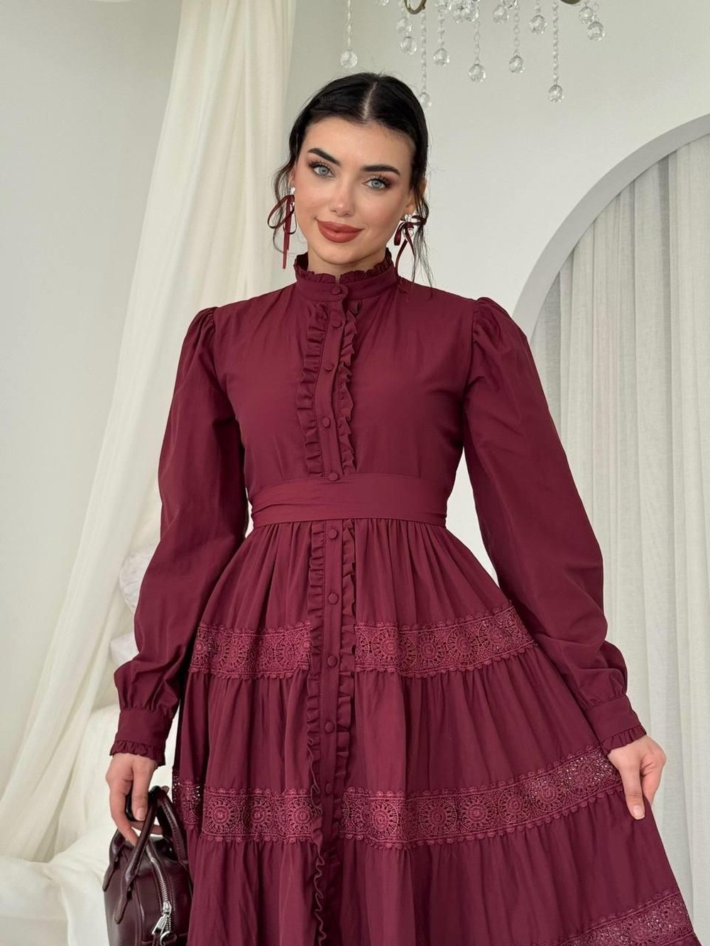 Verno Kemer Detaylı Elbise ETK-00827-bordo