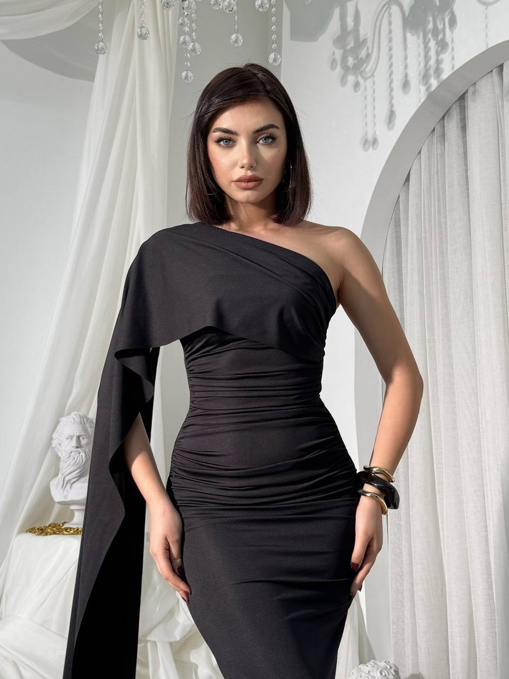 Oldes Şal Detaylı Elbise ETK-00851-siyah