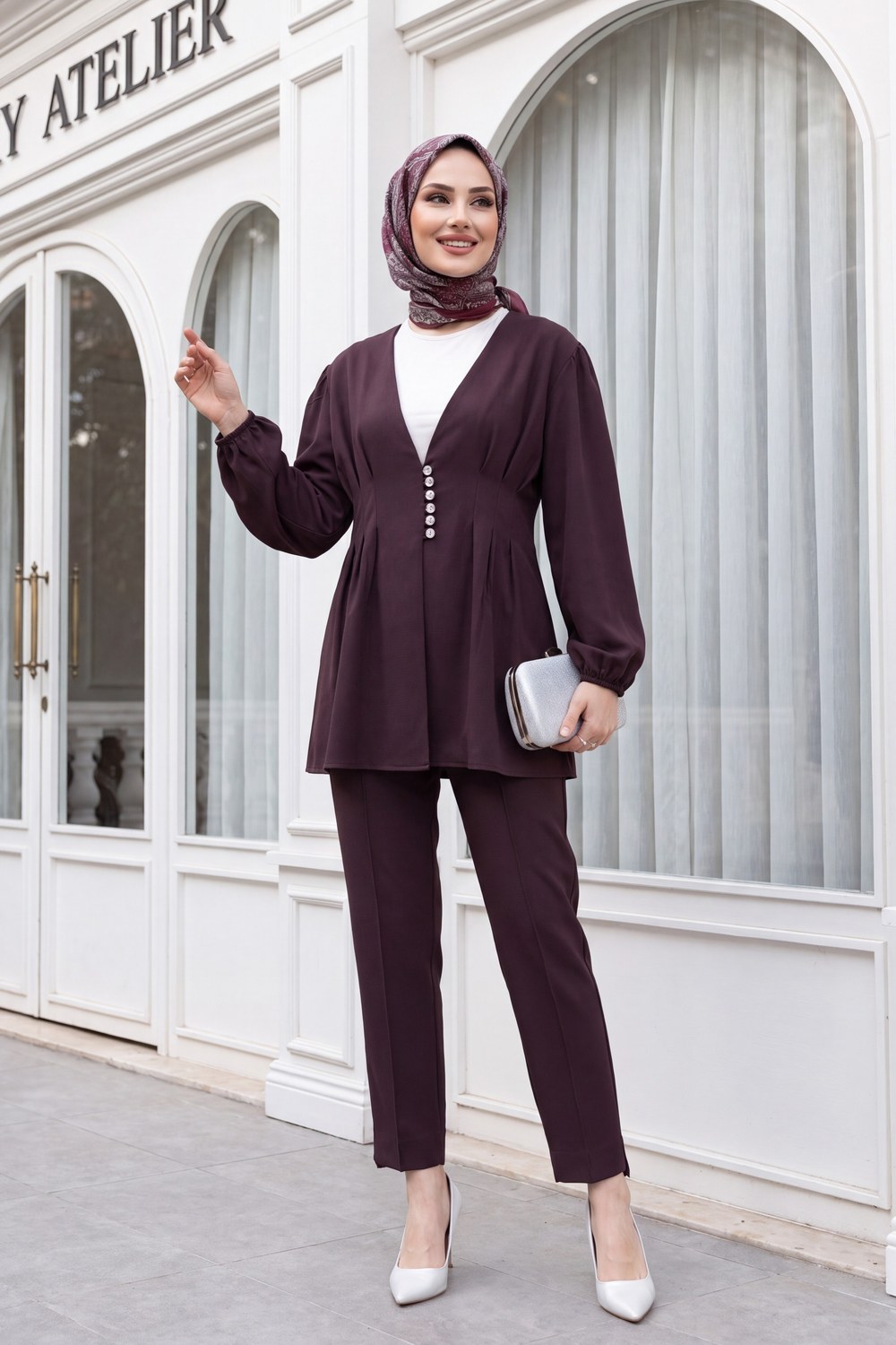 Taşlı Düğmeli Kolu Lastikli Double Pantolonlu Takım -Koyu Bordo