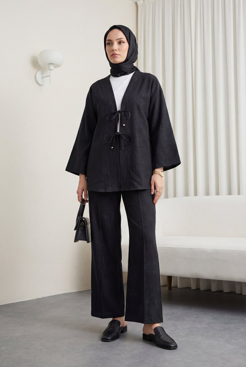 Önü Bağlamalı Pantolonlu Keten Görünümlü Kimono Takım -Siyah
