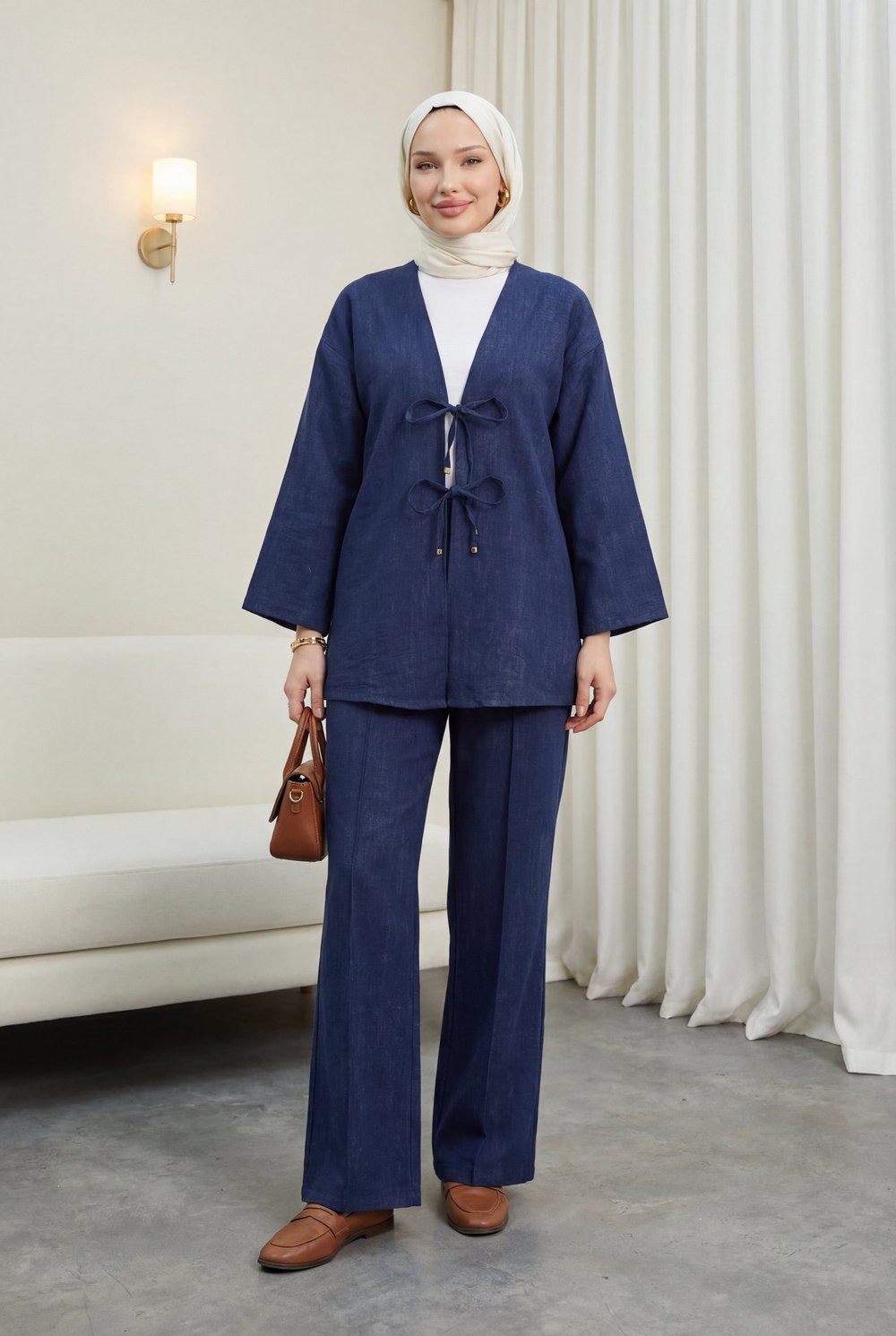 Önü Bağlamalı Pantolonlu Keten Görünümlü Kimono Takım -Laci