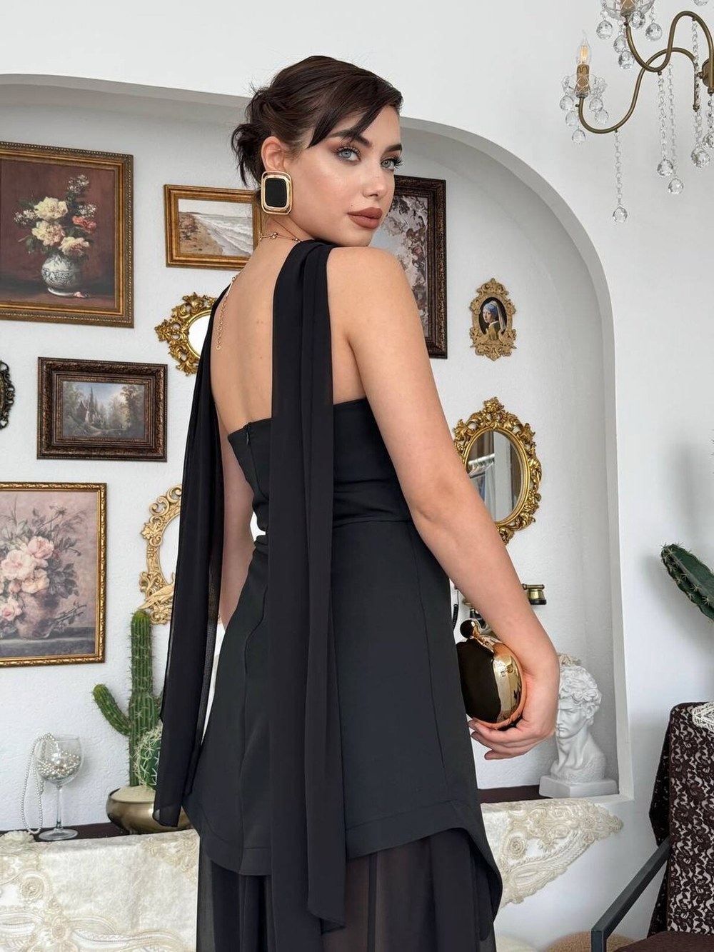 Hulos Şal Detaylı Elbise ETK-00874-siyah