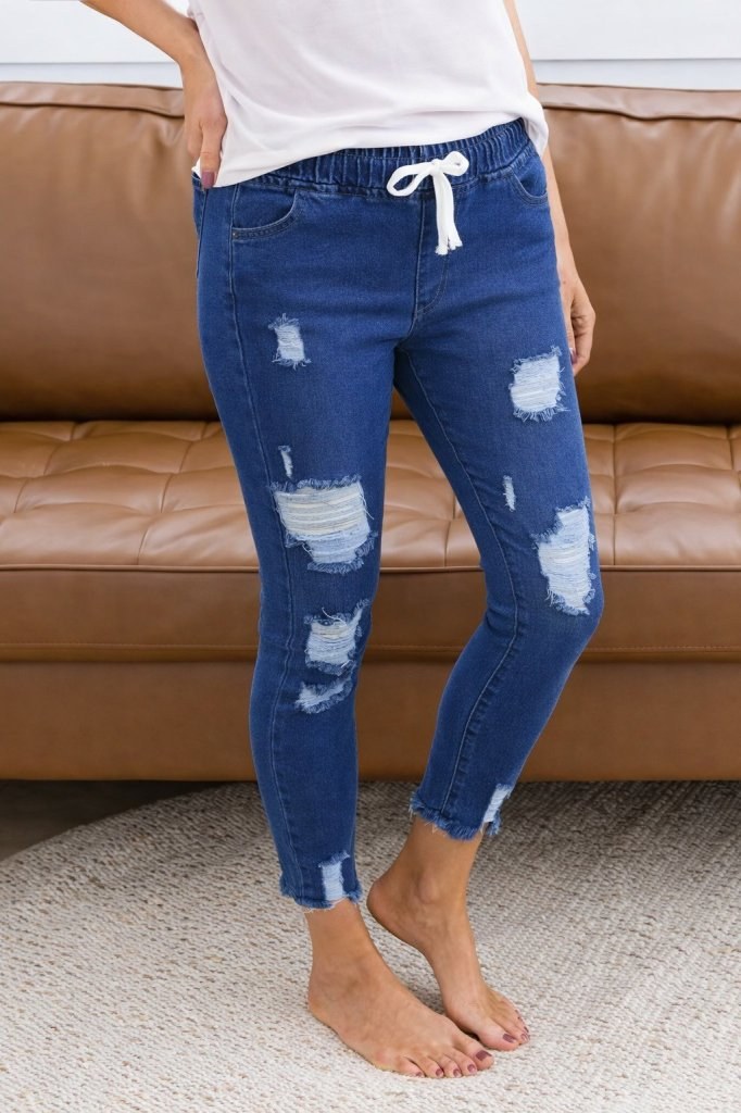 Kadın Yüksek Bel Beli Bağcıklı Önden Yırtık Desenli Kot Pantolon , 37731