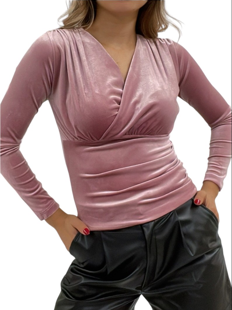 Kruvaze Model Kadife Bluz -Pudra