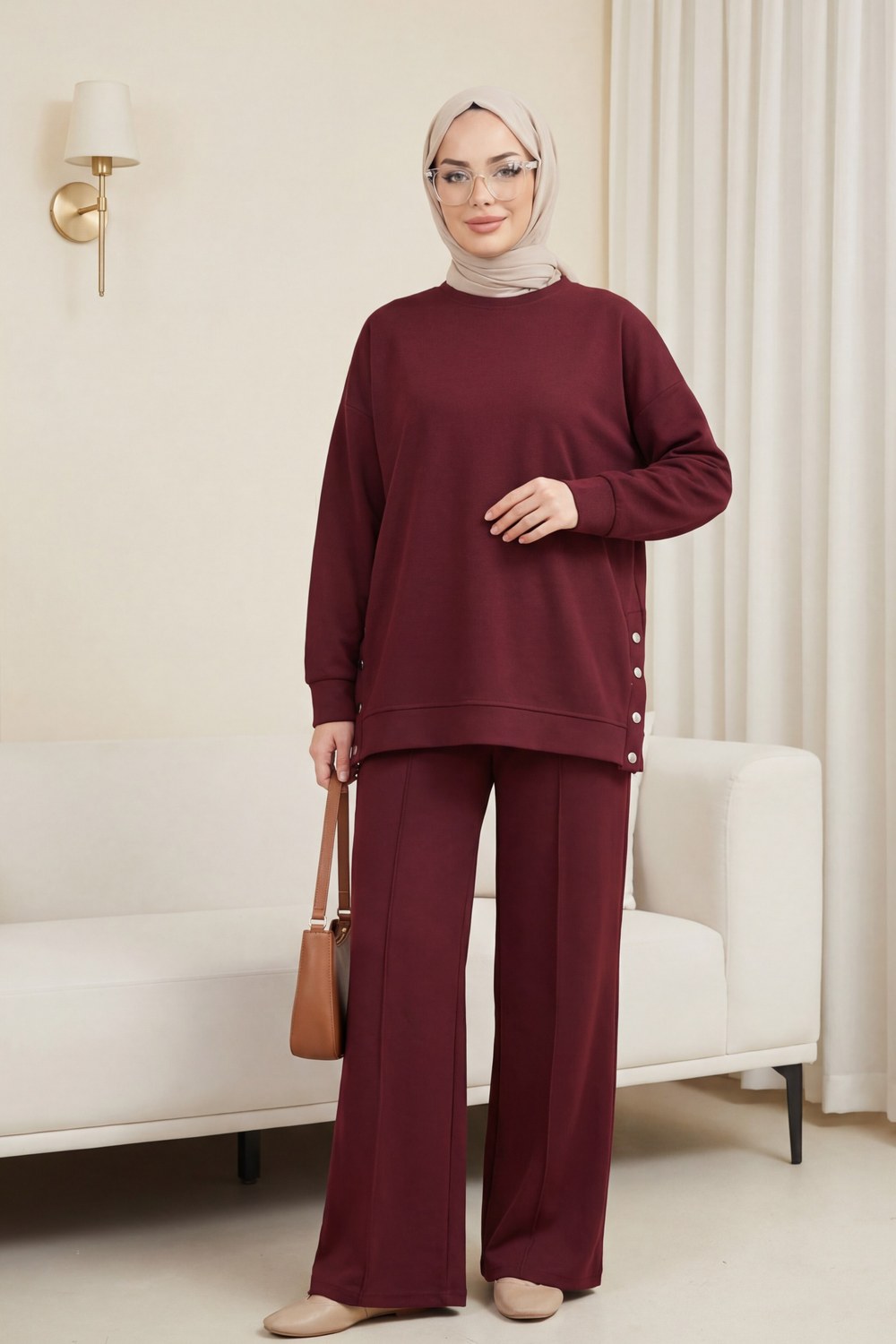 Yanları Çıtçıtlı Çimalı Pantolonlu Oyşo Takım -Bordo