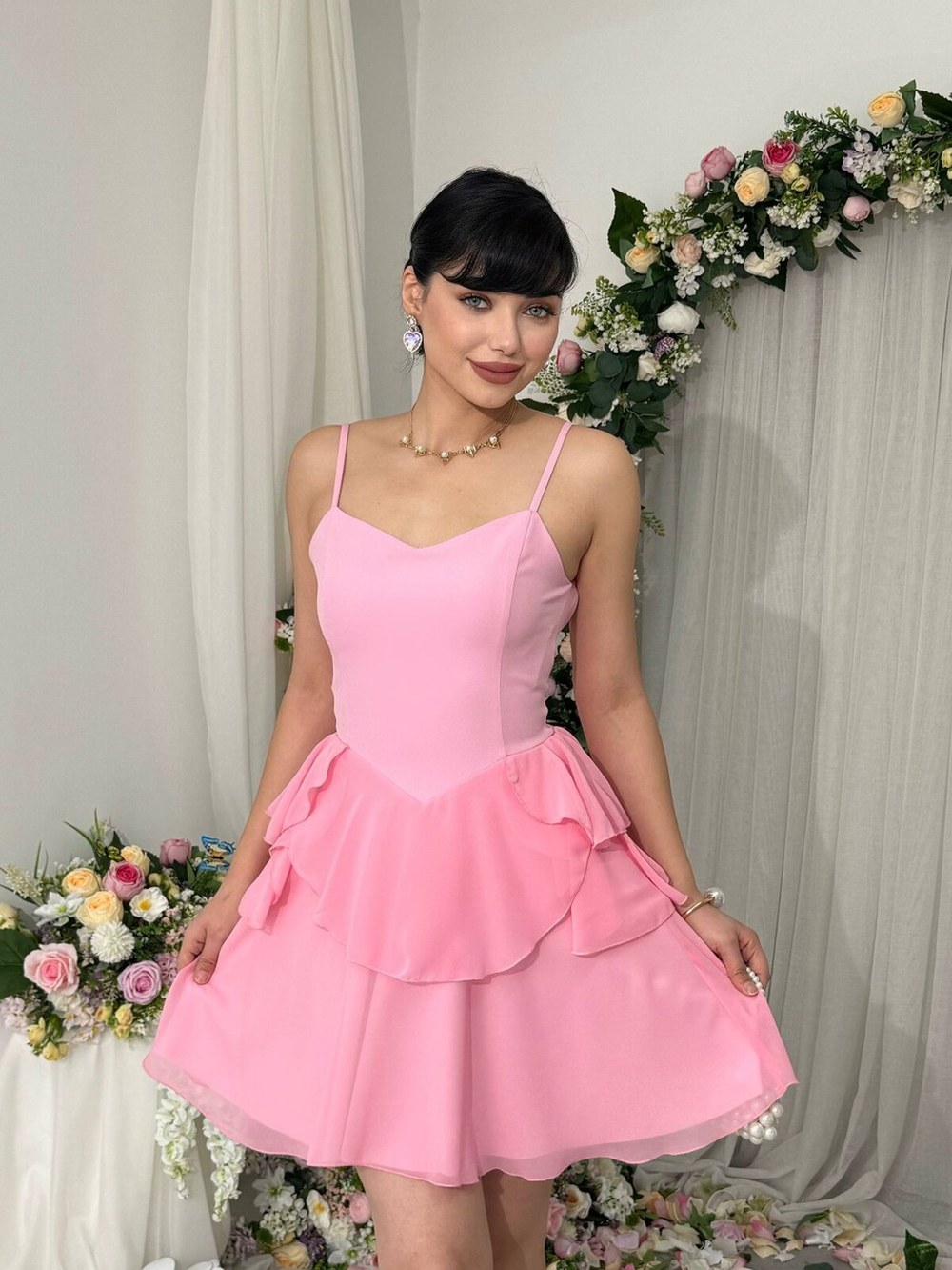 Panl İp Askılı Elbise ETK-00887-pembe