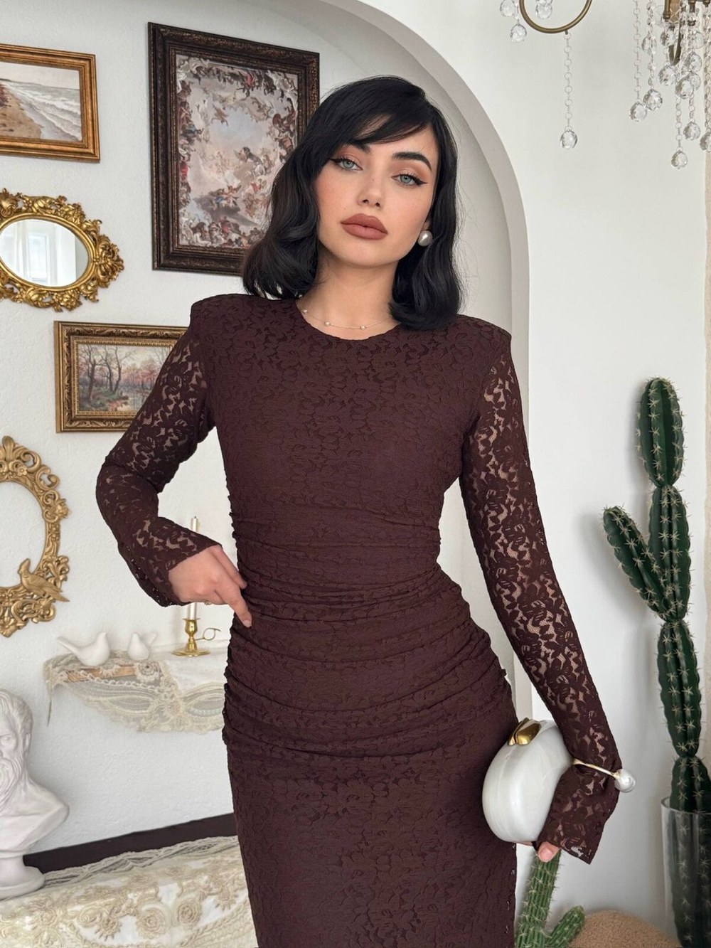 Neren Midi Elbise ETK-00882-kahve