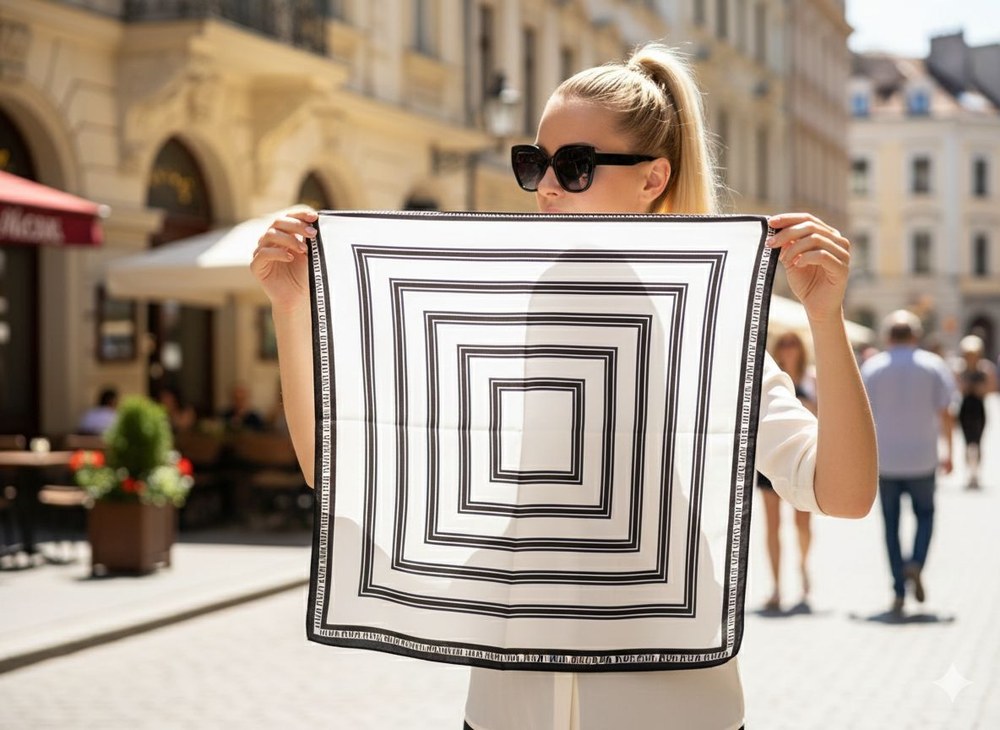 15376 Siyah Çizgi Desenli Bandana Fular 70x70 Cm