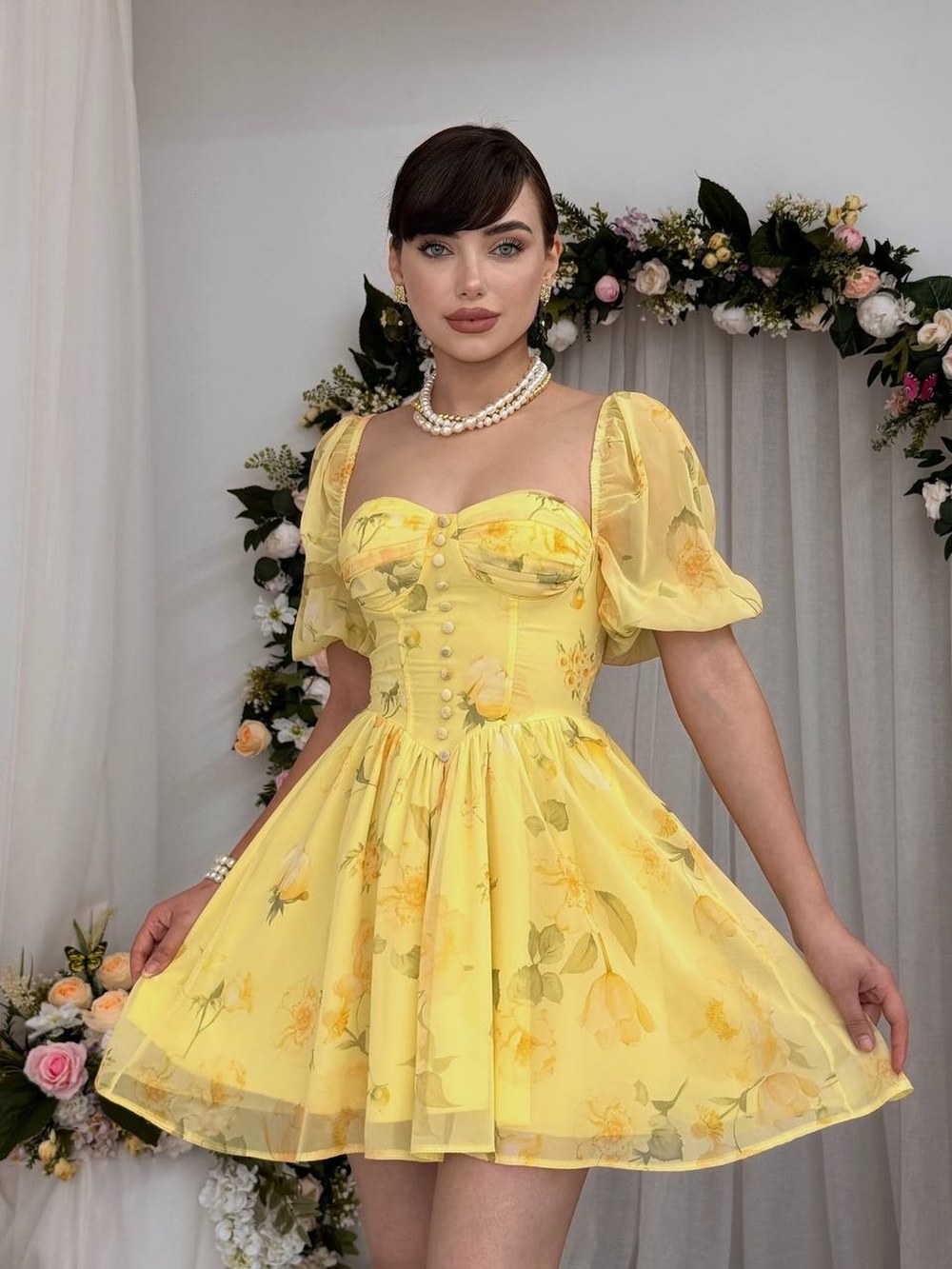 Bery Mini Elbise ETK-00861-sari