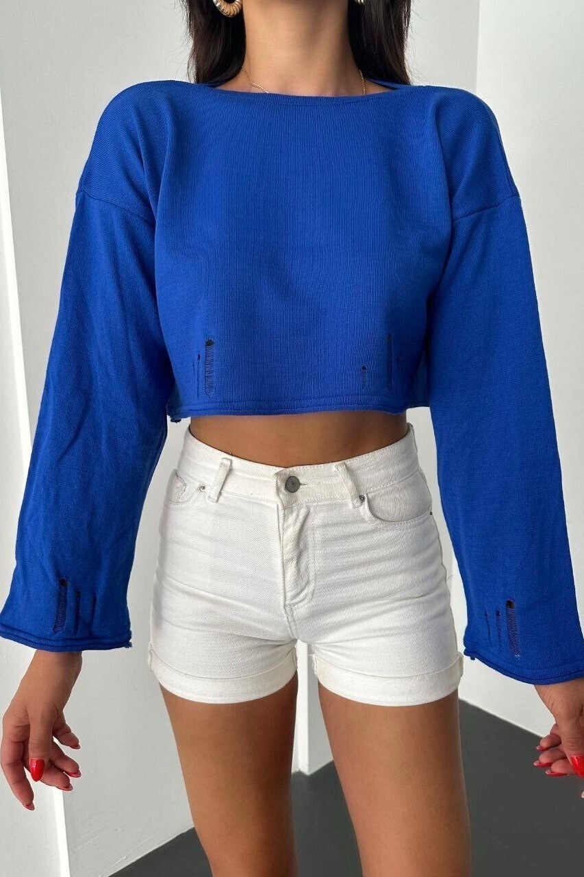 Kayık Yaka Triko Crop -Saks