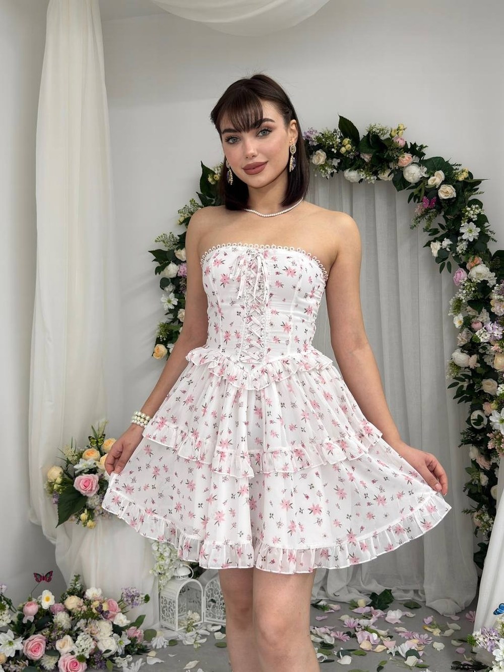 Sesura Straplez Elbise ETK-00856-cicek-desen