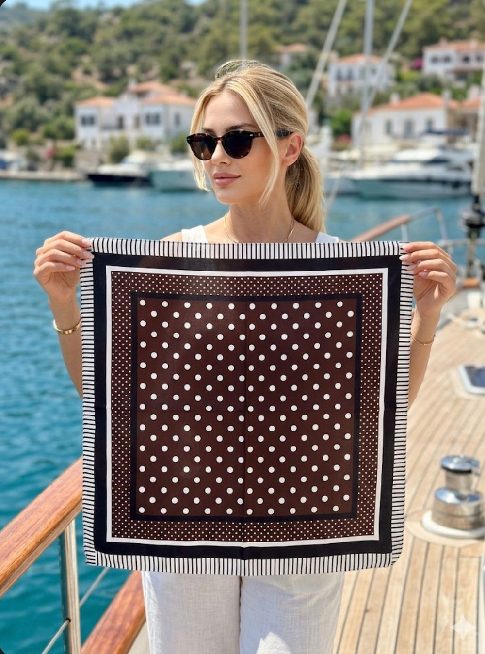 15408 Puantiyeli Kahverengi Bandana Fular 50x50 Cm