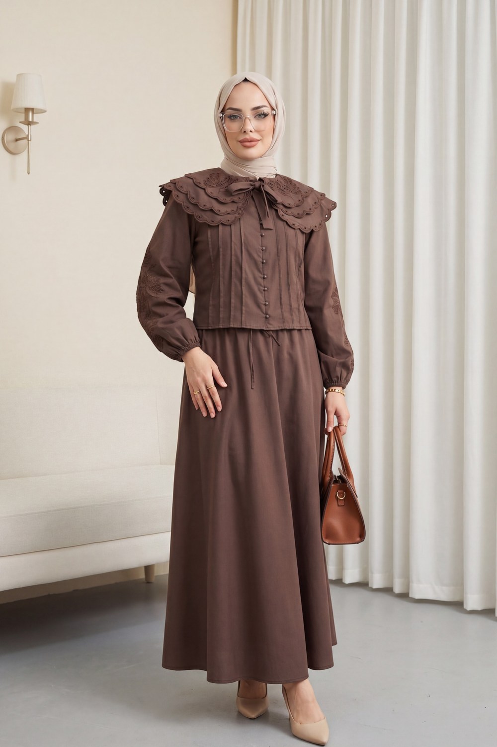 Geniş Yakalı Bağlamalı Kolu Lastikli Eteği Astarlı Poplin Takım -Kahverengi