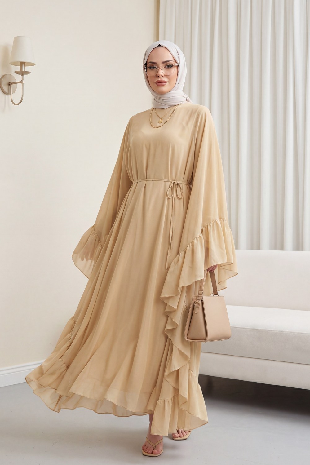 Yanı Fırfırlı Asimetrik Kesim Bağcıklı İçlikli Şifon Elbise Abaya Takım -Bej