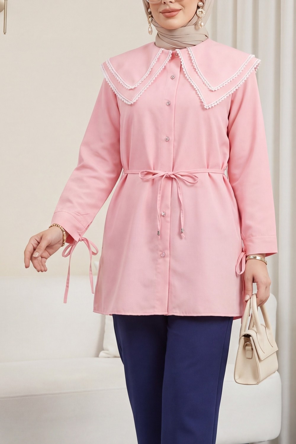 Yakası Dantelli Beli Ve Kolu Bağcıklı Poplin Tunik -Pembe