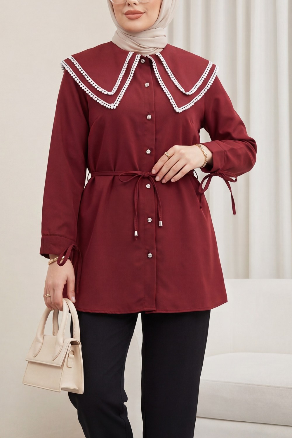 Yakası Dantelli Beli Ve Kolu Bağcıklı Poplin Tunik -Bordo