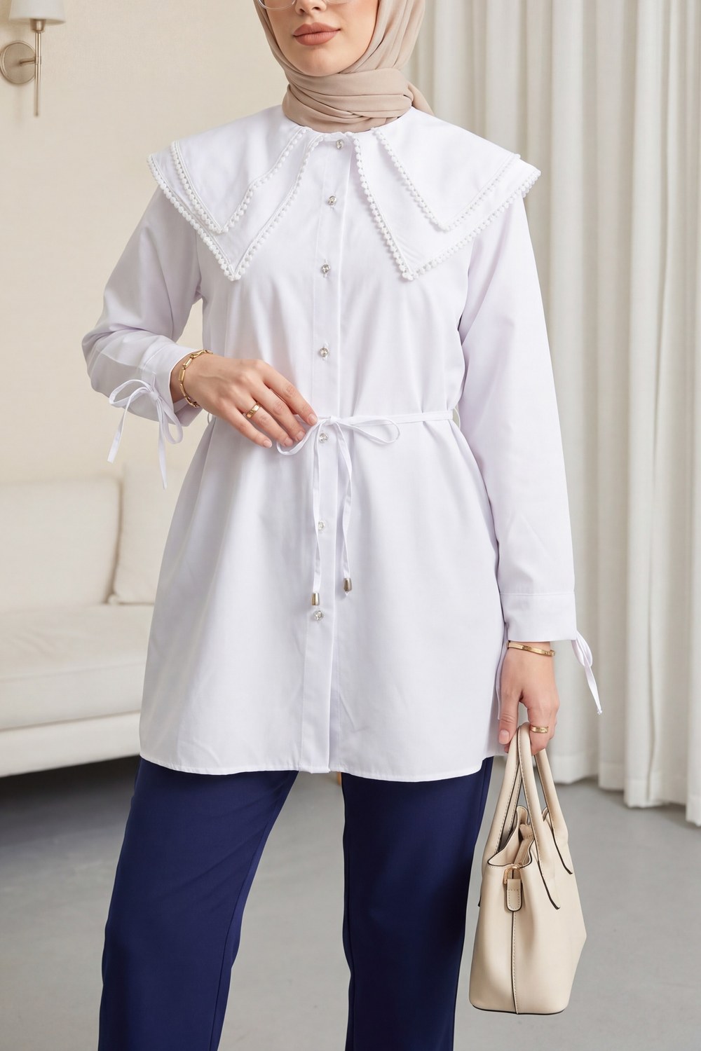 Yakası Dantelli Beli Ve Kolu Bağcıklı Poplin Tunik -Beyaz