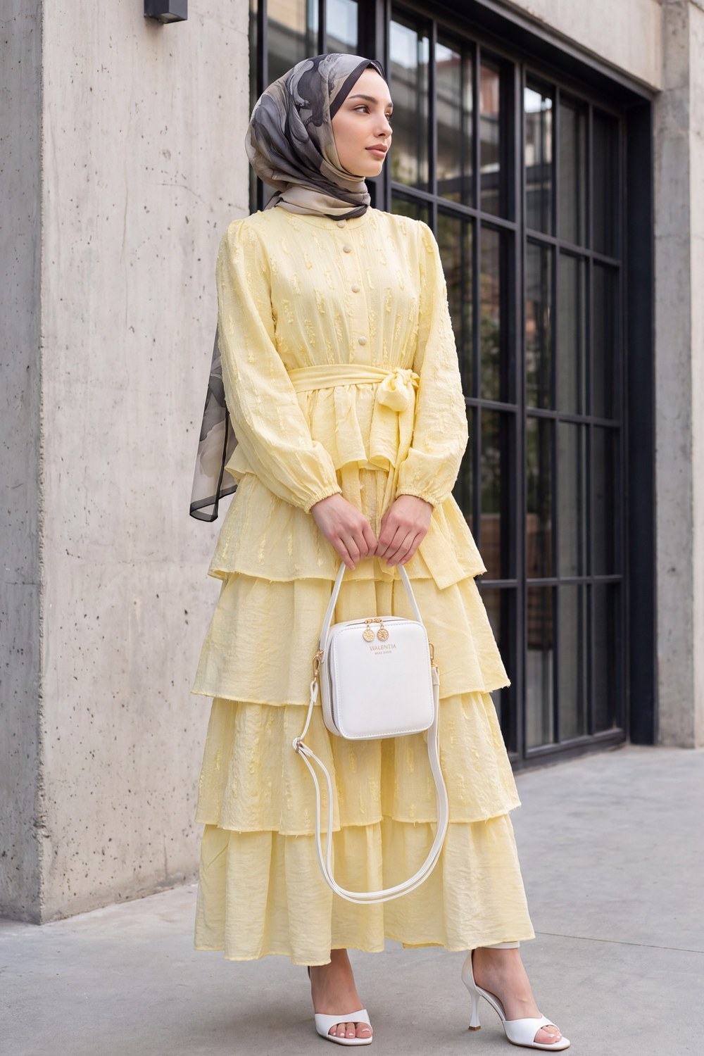 Yarım Düğmeli Eteği Kat Kat Kolu Lastikli Kemerli Krinkıl Elbise -Sarı