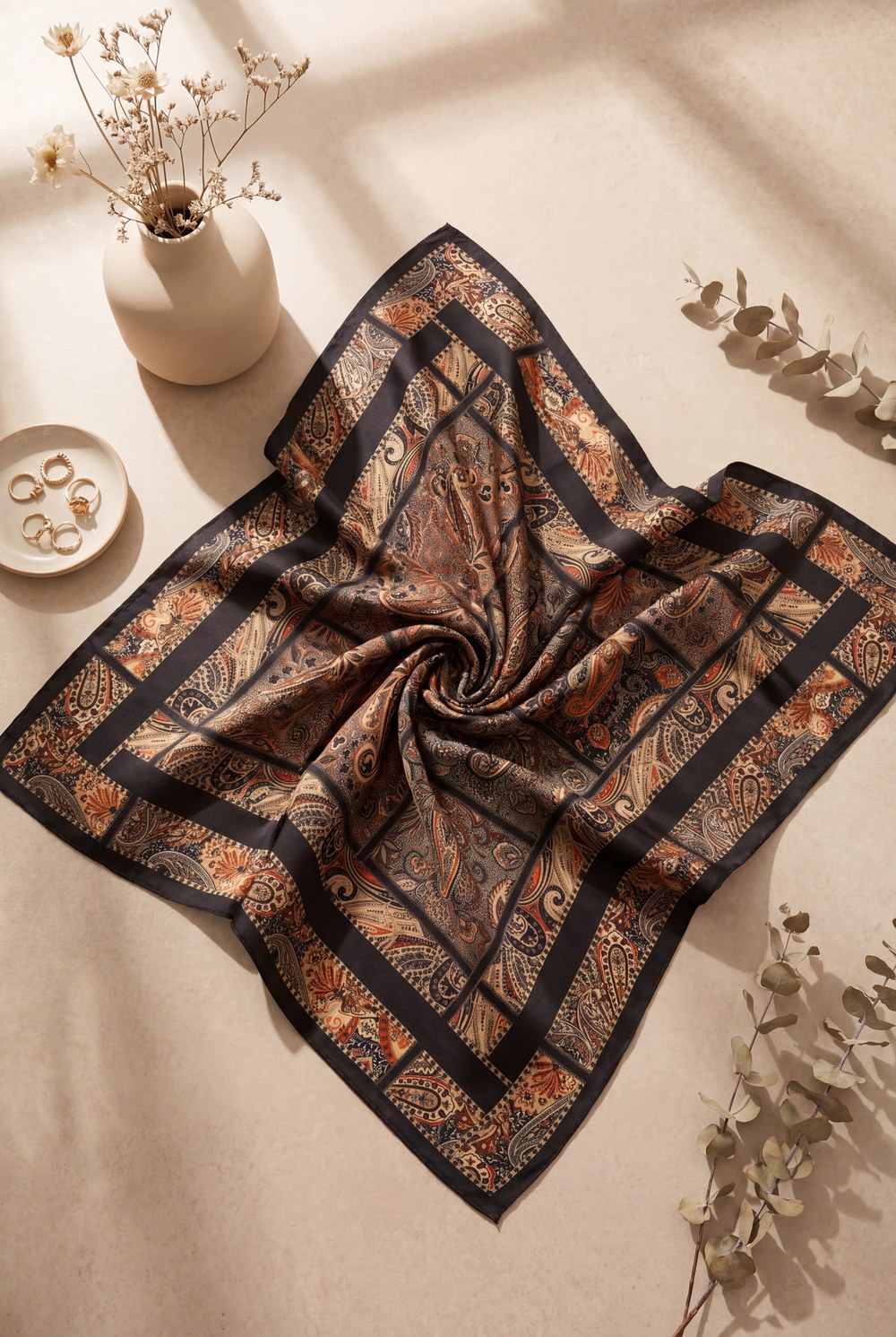 Geometrik Çerçeveli Rayon Eşarp -Siyah