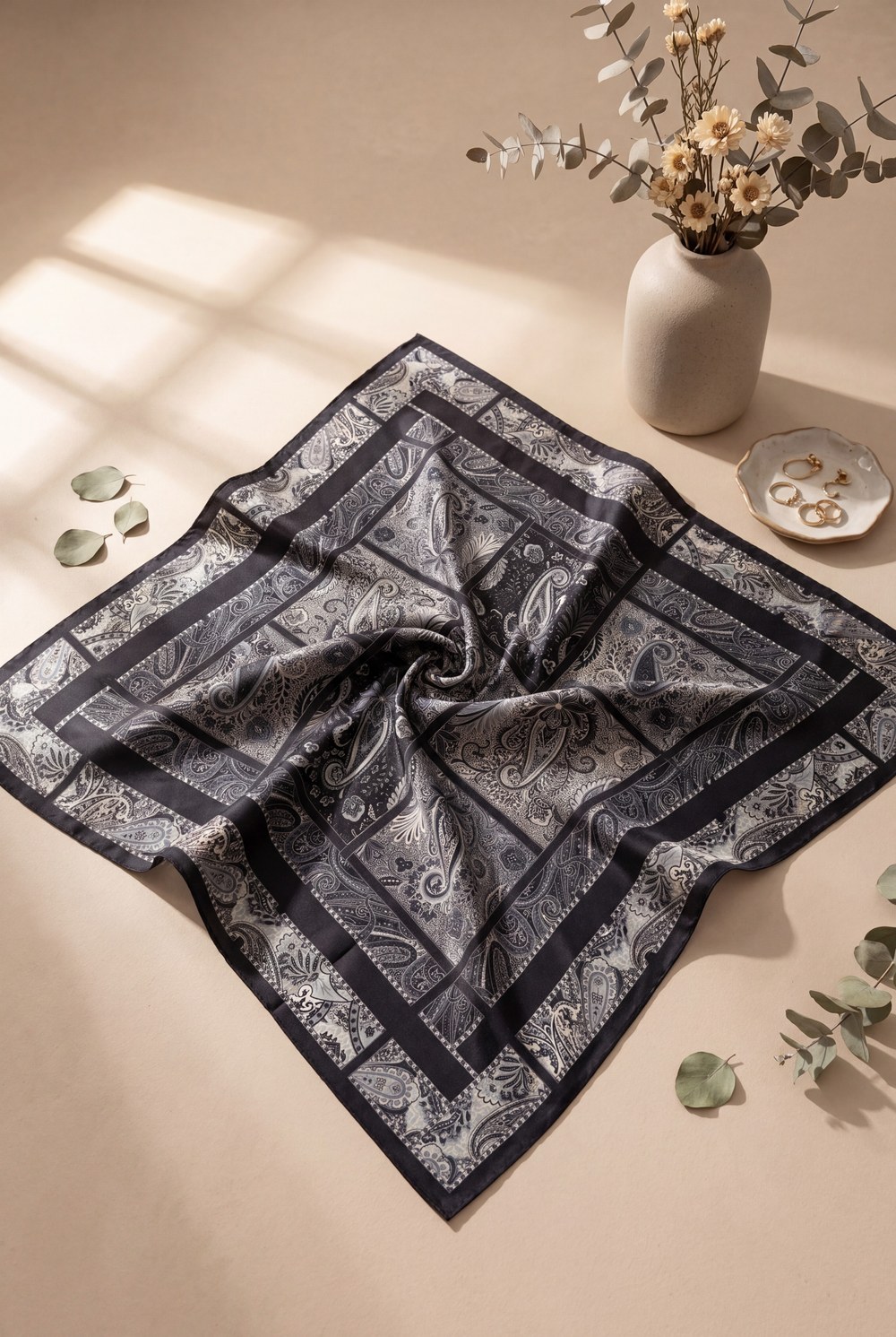 Geometrik Çerçeveli Rayon Eşarp -Gri