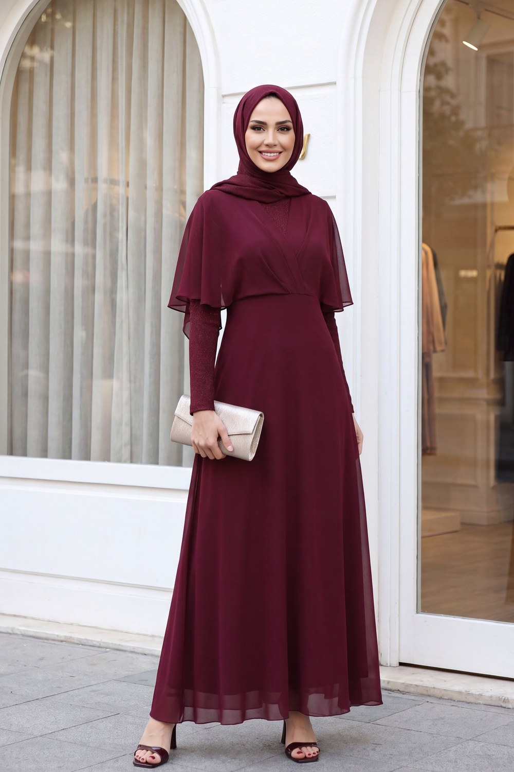 Simli Şifon Uzun Abiye -Bordo