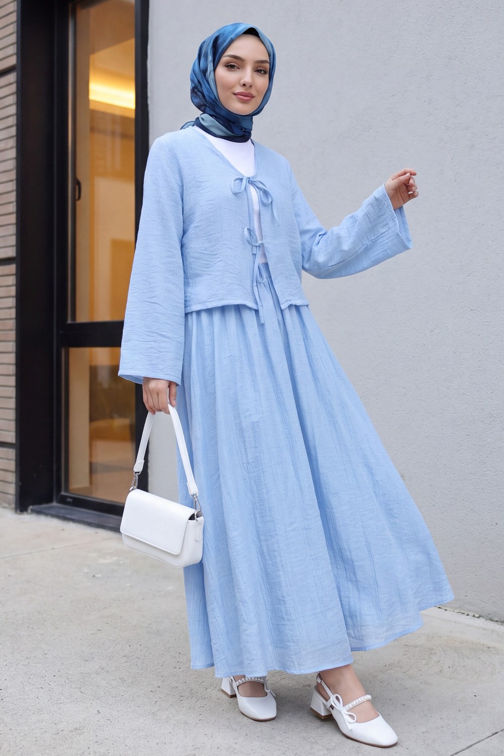 Önü Bağcıklı Eteği Astarlı Bürümcük Kimono Takım -Açık Mavi