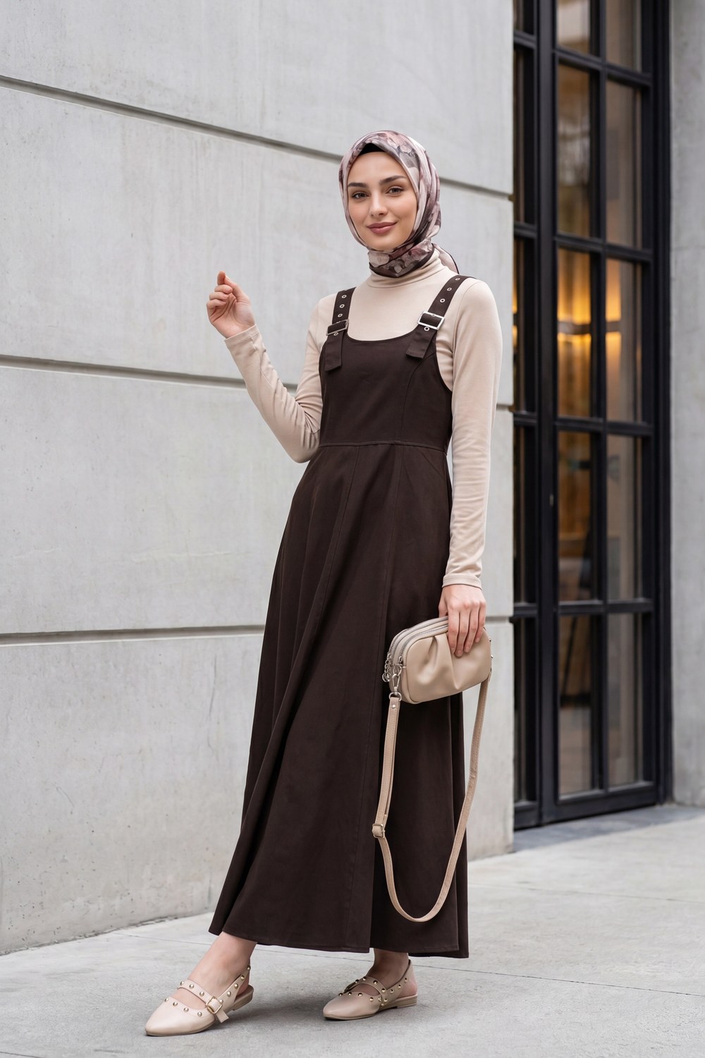 Yarım Fermuarlı Askılı Gabardin Jile -Kahverengi
