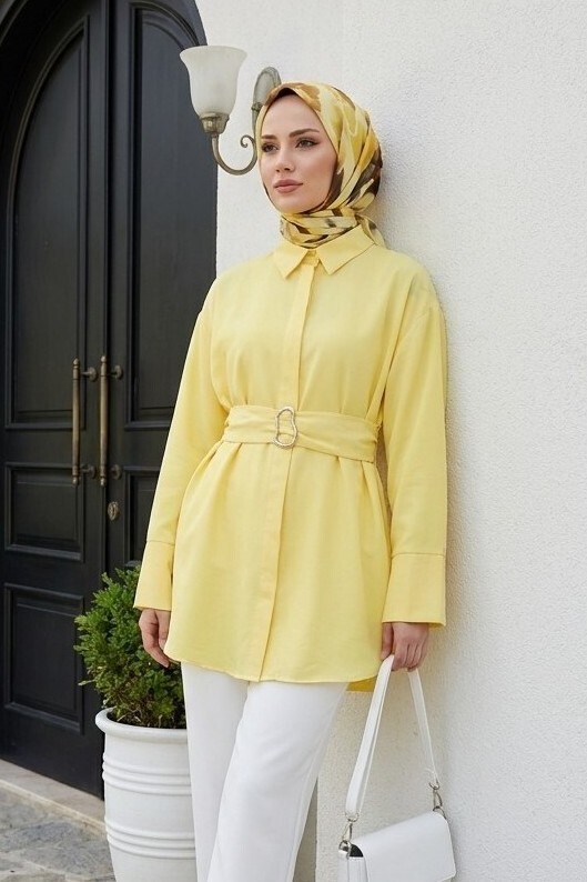 Tokalı Kemerli Duble Manşet Kol Gizli Düğmeli Poplin Tunik -Sarı