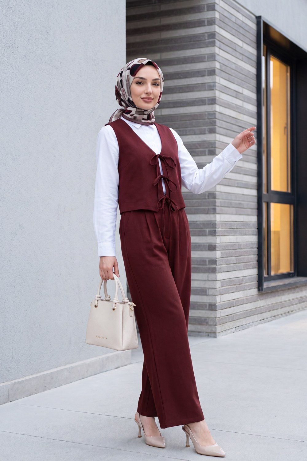 Önü Bağcıklı Yelek Pantolon İkili Keten Görünümlü Takım -Bordo