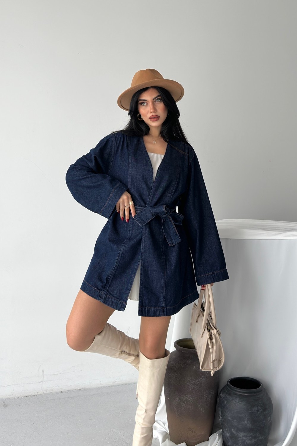 Kuşak Bağlamalı Oversize Ceket 6246 Slaplı Lacivert