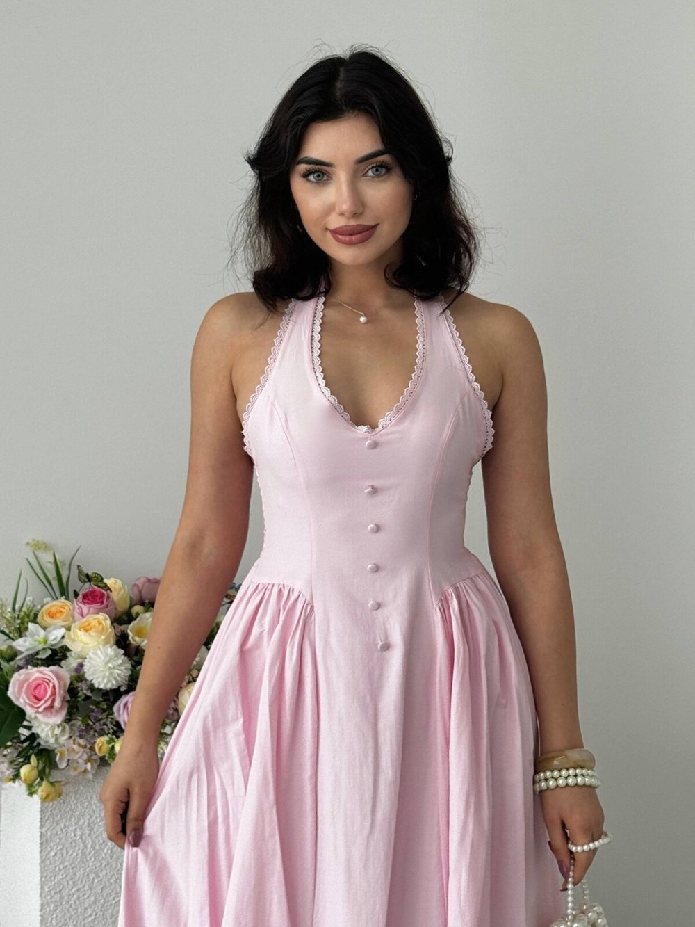 Smen Düğme Detaylı Elbise ETK-00947-pembe