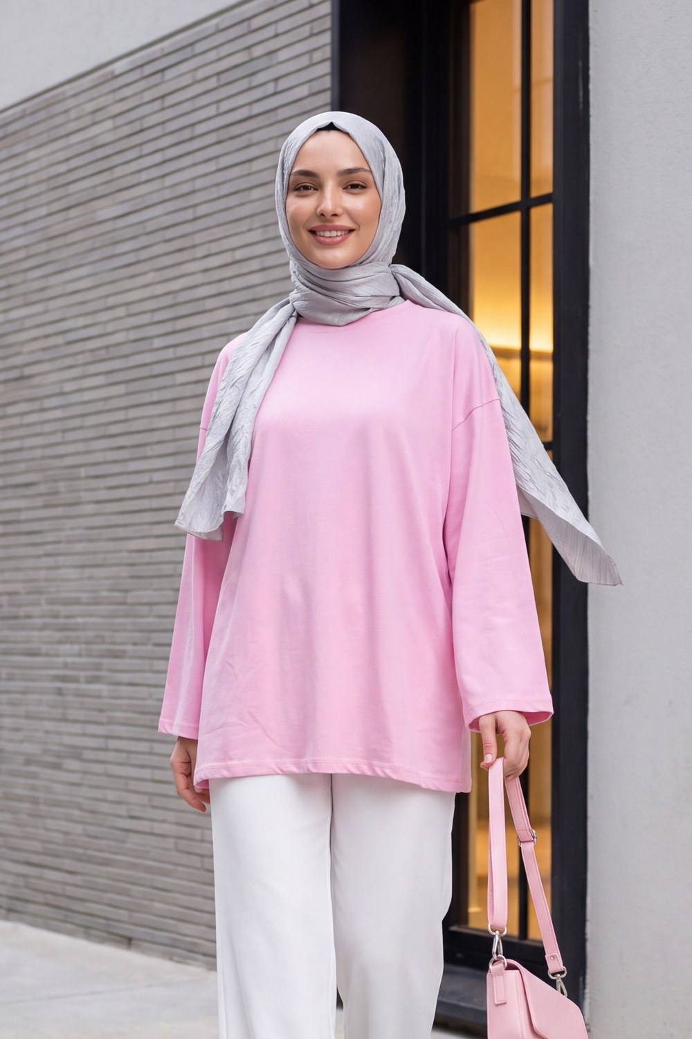 Yuvarlak Yaka Salaş Penye Tunik -Pembe