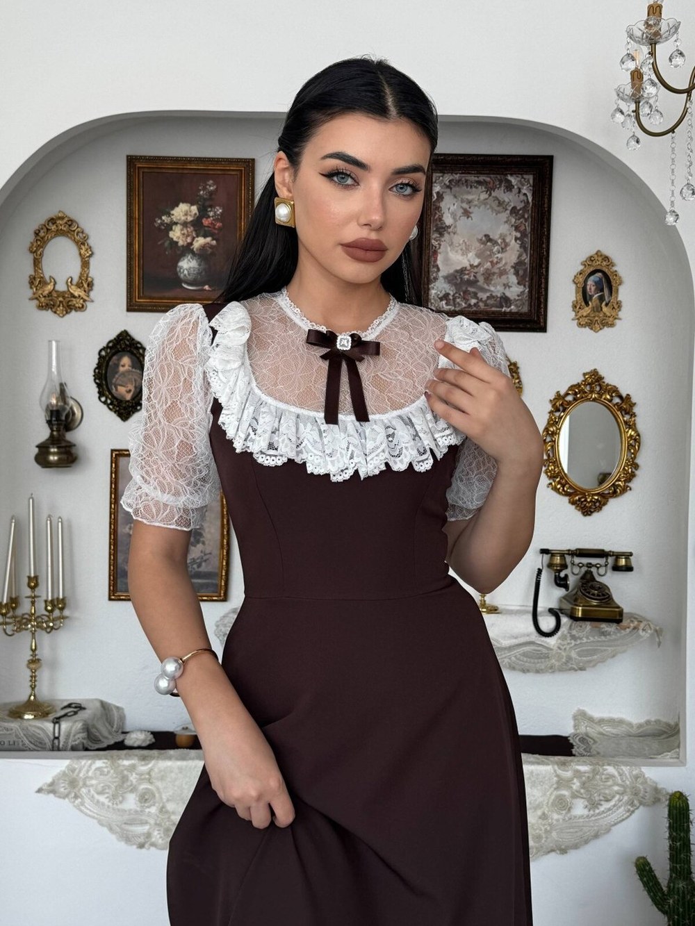 Esane Broş Detaylı Elbise ETK-00954-kahve
