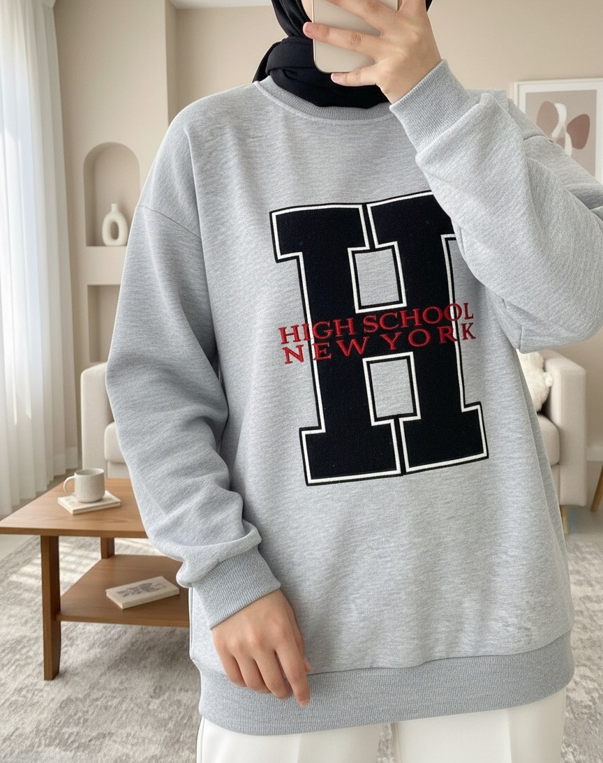 Önü Nakışlı Bisiklet Yaka Sweat Tunik -Gri