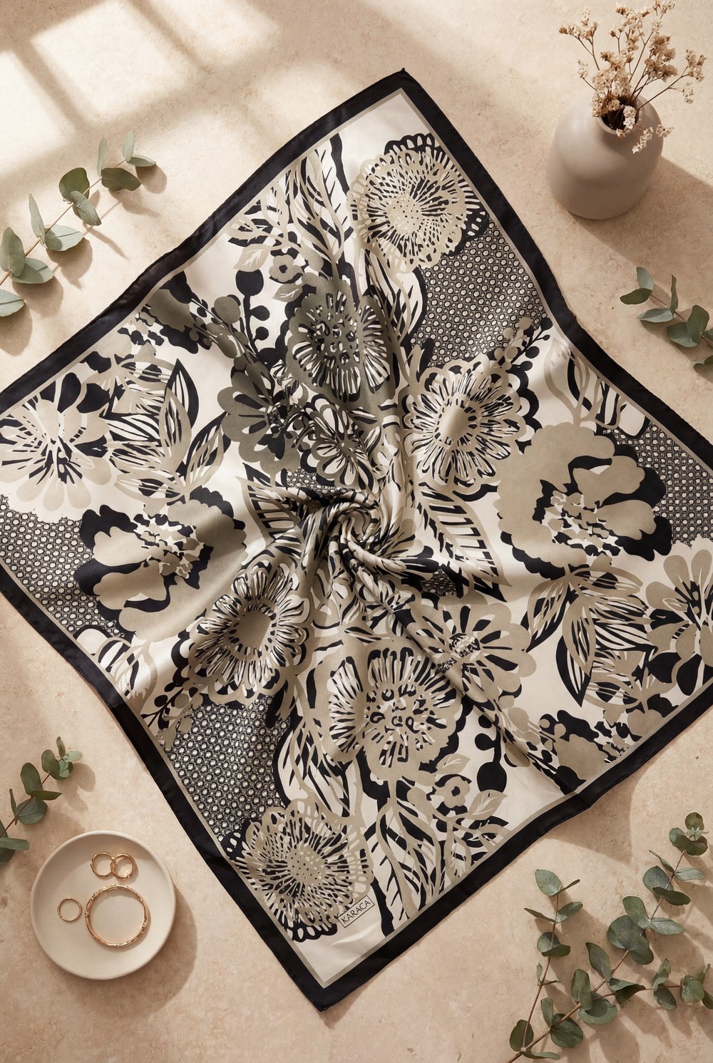 Botanik Efektli Rayon Eşarp -Taş Rengi