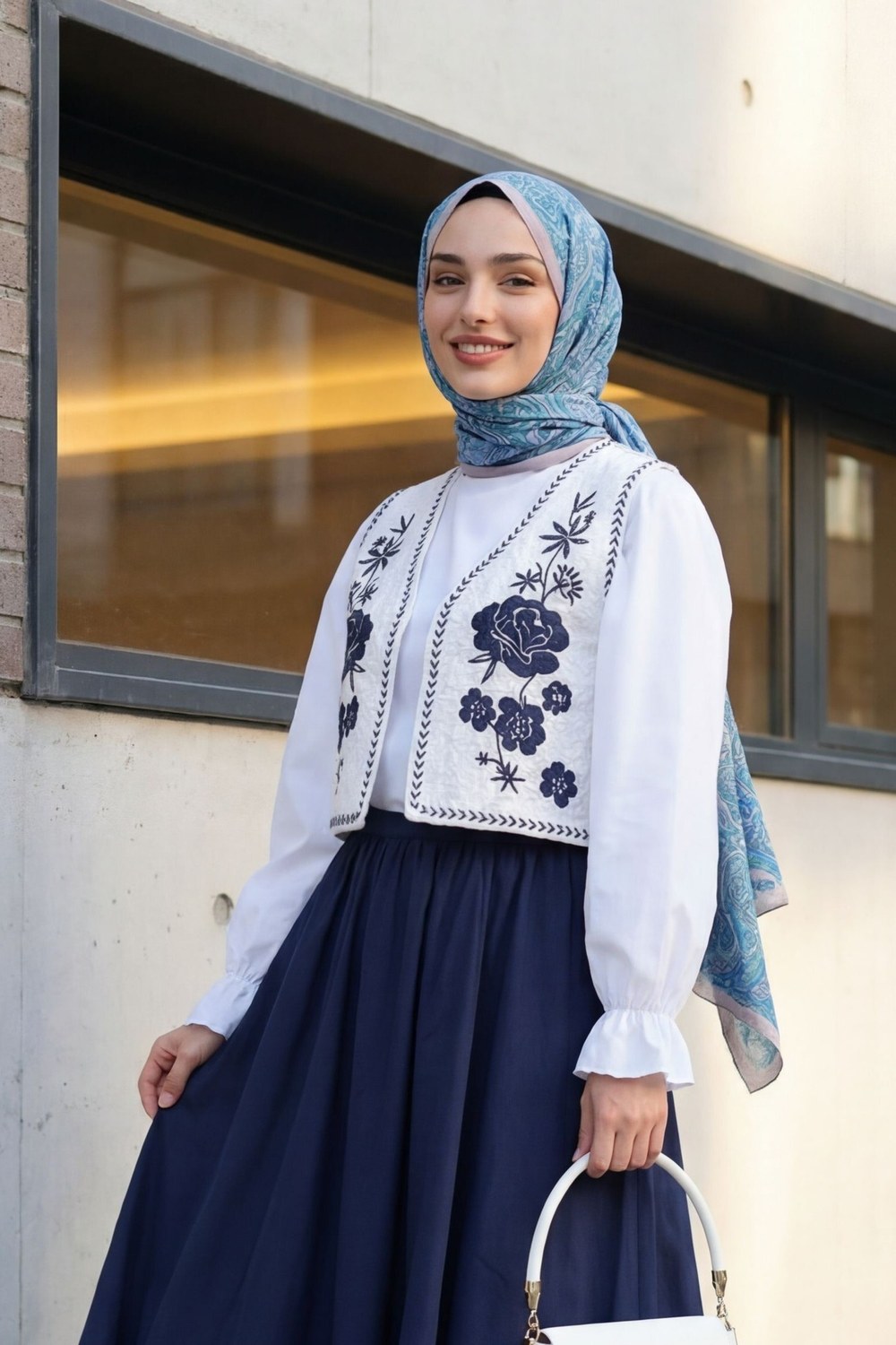 Çiçek Nakışlı Astarlı Desenli Yelek -Beyaz