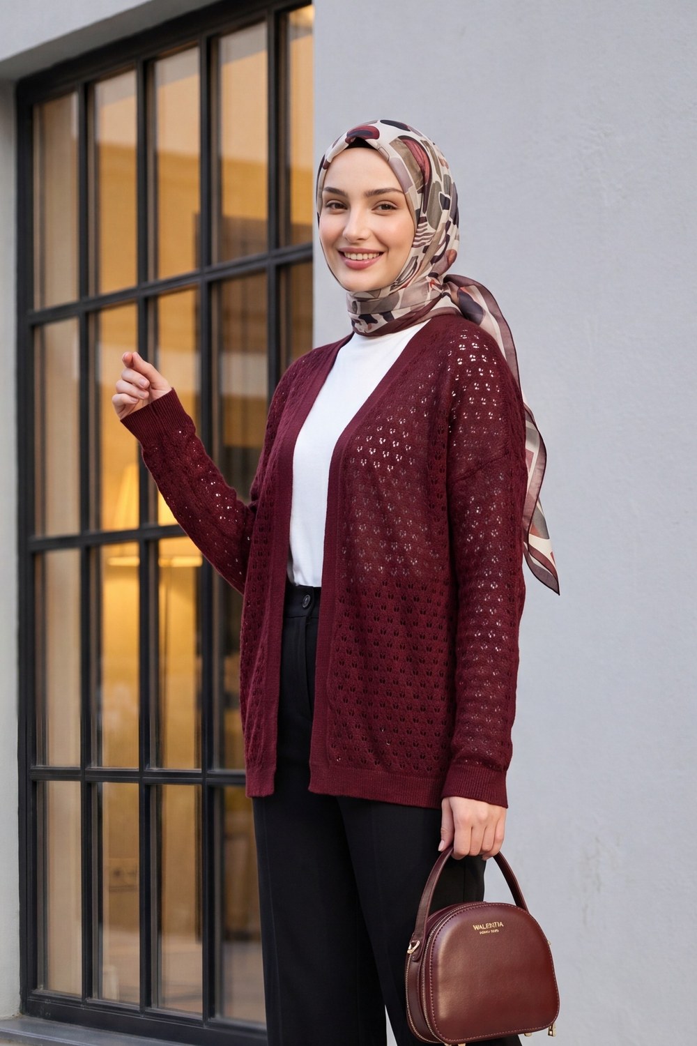 Ajurlu Salaş Triko Hırka -Bordo
