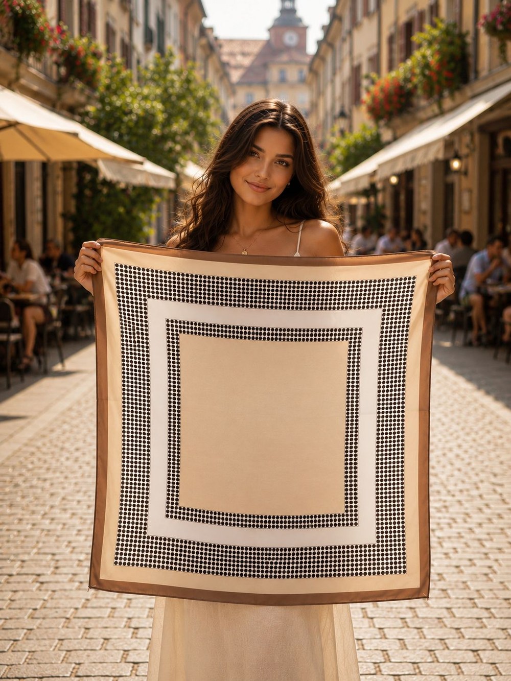 15344 Puantiyeli Bej Bandana Fular 70x70 Cm