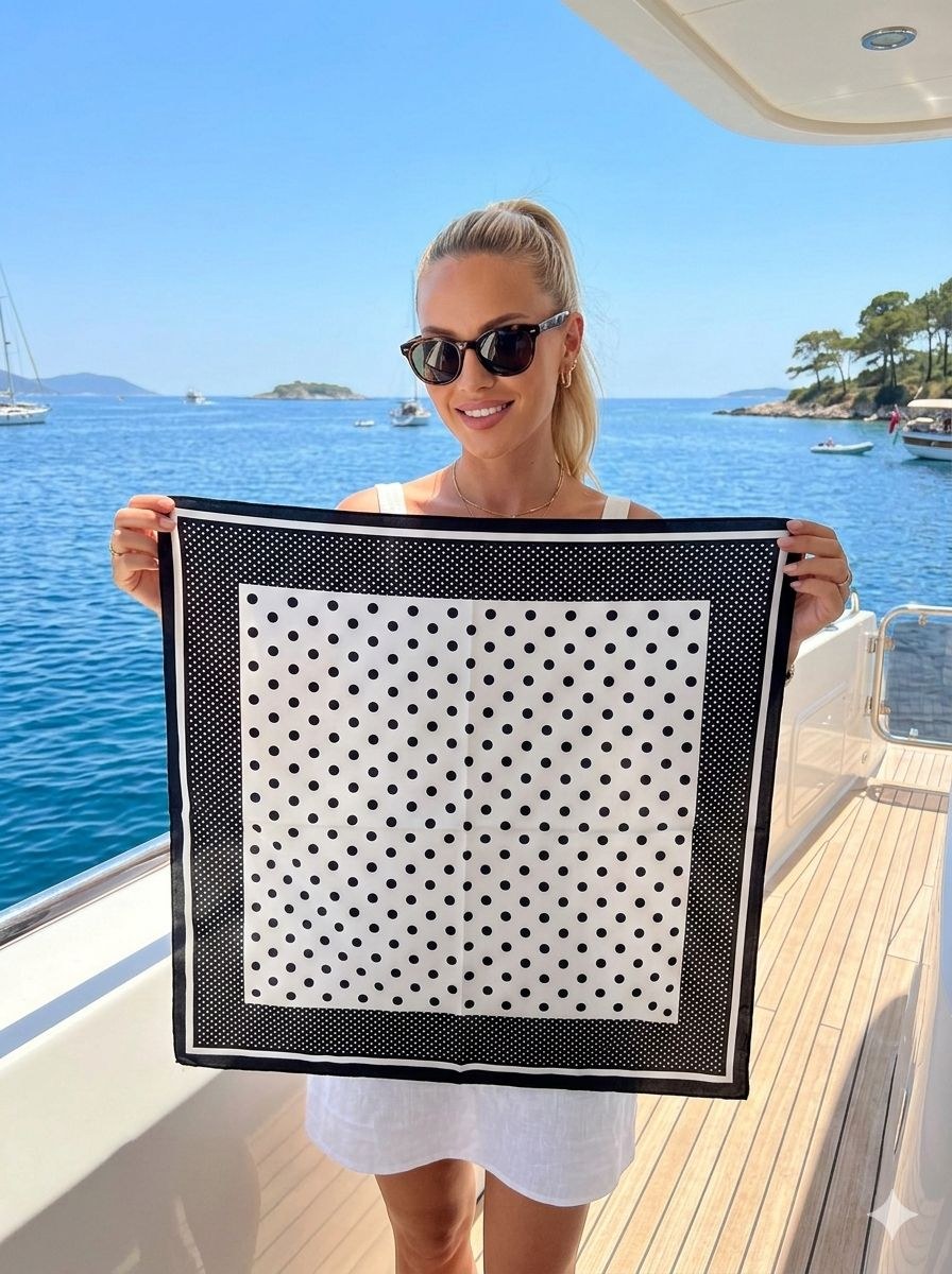15373 Siyah Puantiye Desenli Bandana Fular 70x70 Cm