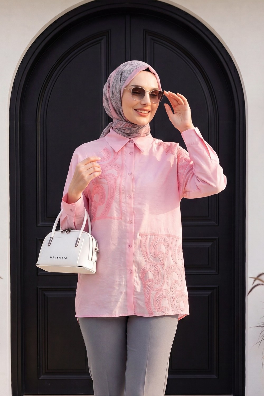 Asimetrik Nakışlı Düğmeli Tül Vual Tunik -Pembe