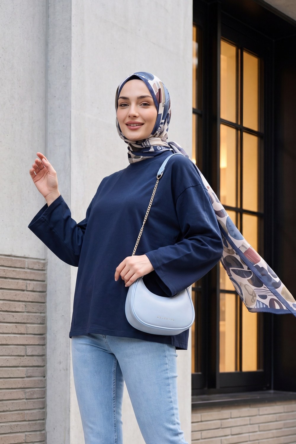 Bisiklet Yaka Uzun Kollu Oversize Penye Sweat -Lacivert