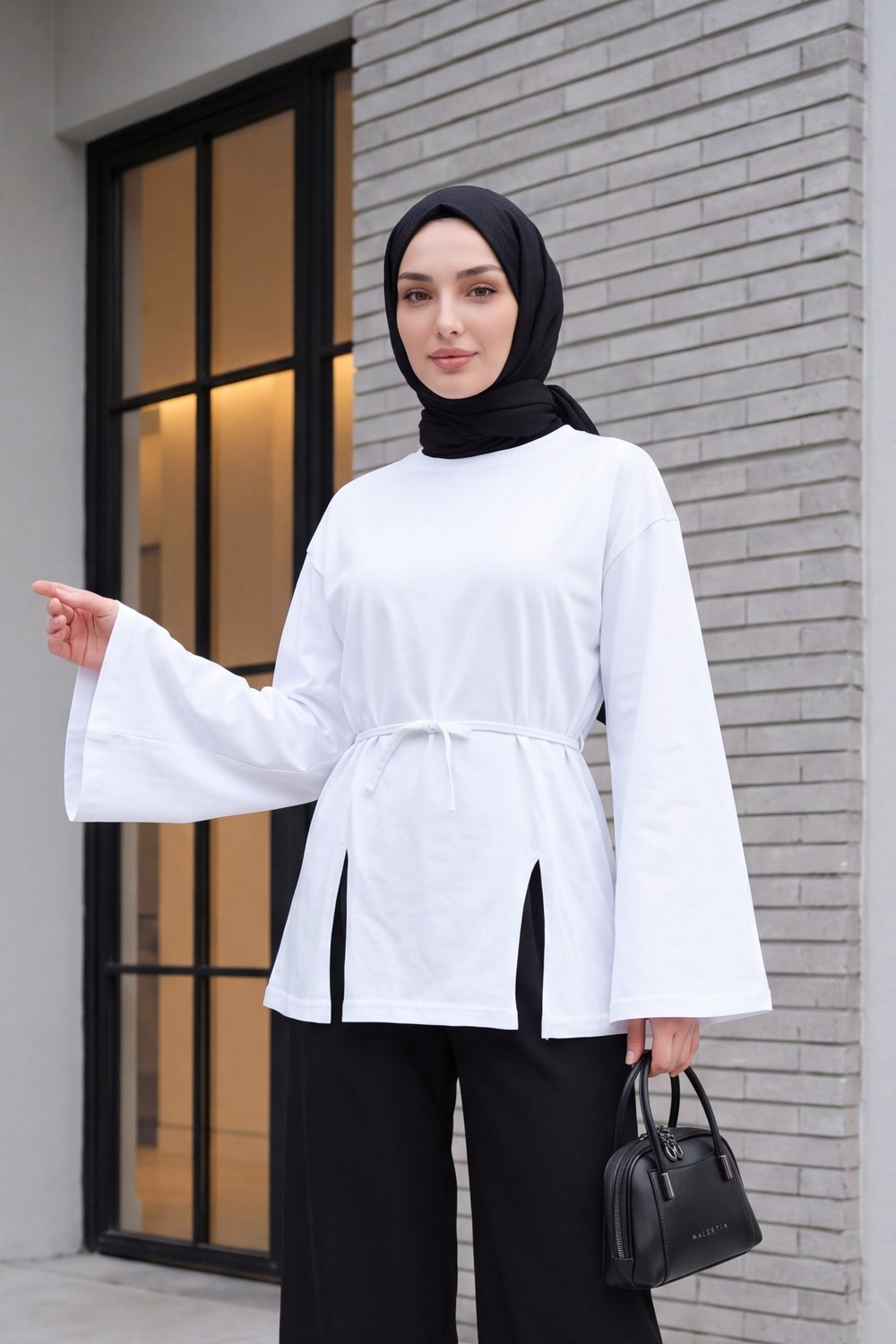 Beli Bağlamalı Yırtmaçlı Penye Tunik -Beyaz
