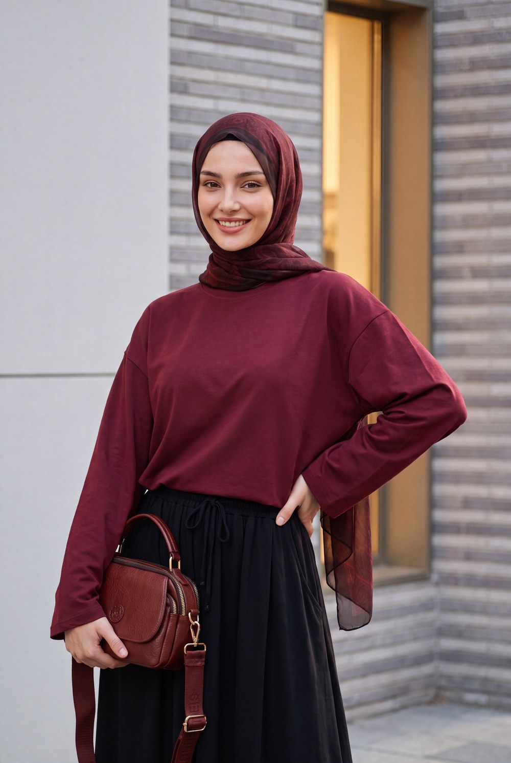 Bisiklet Yaka Uzun Kollu Oversize Penye Sweat -Bordo