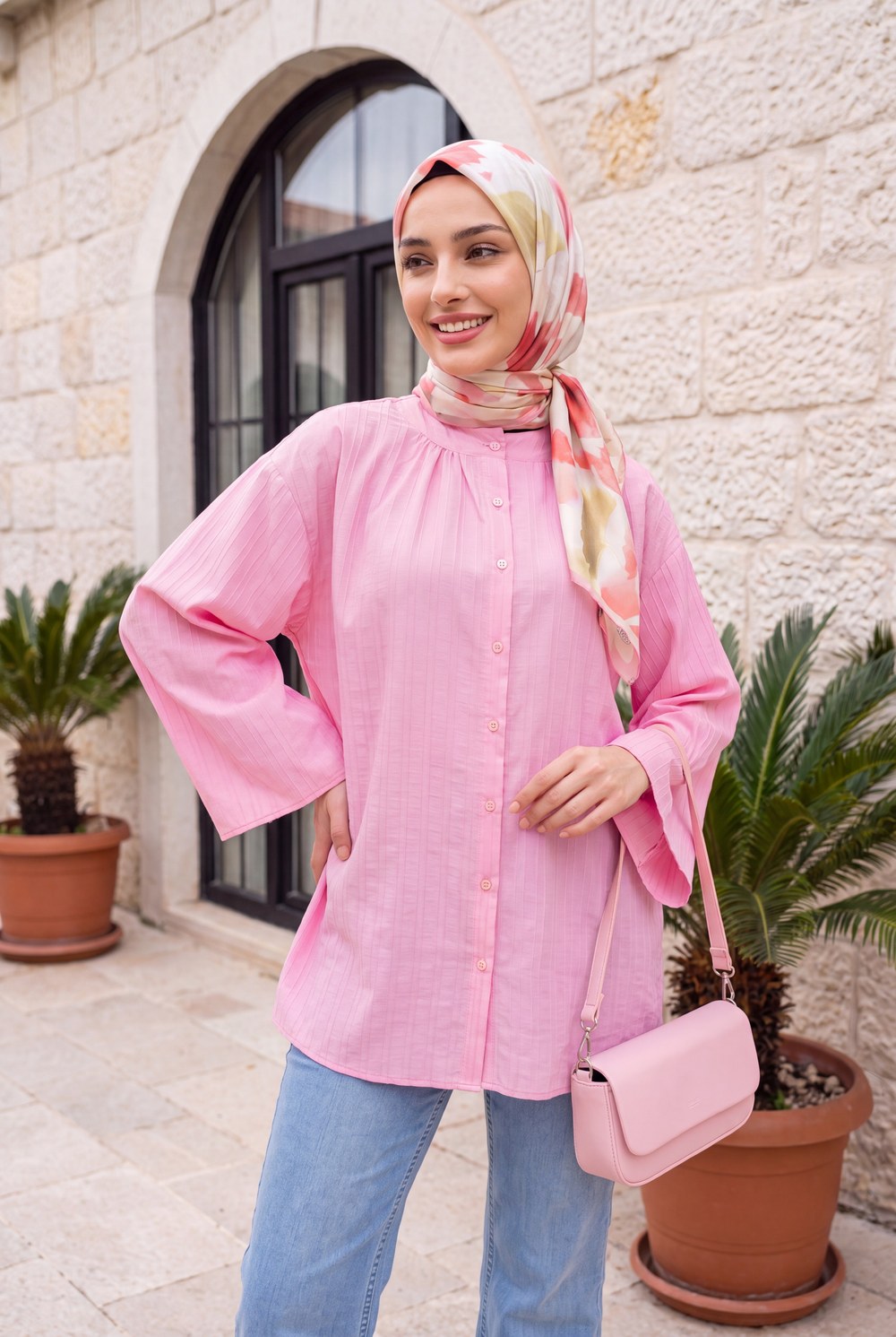 Yuvarlak Yaka Düğmeli İspanyol Kol Siena Tunik -Pembe