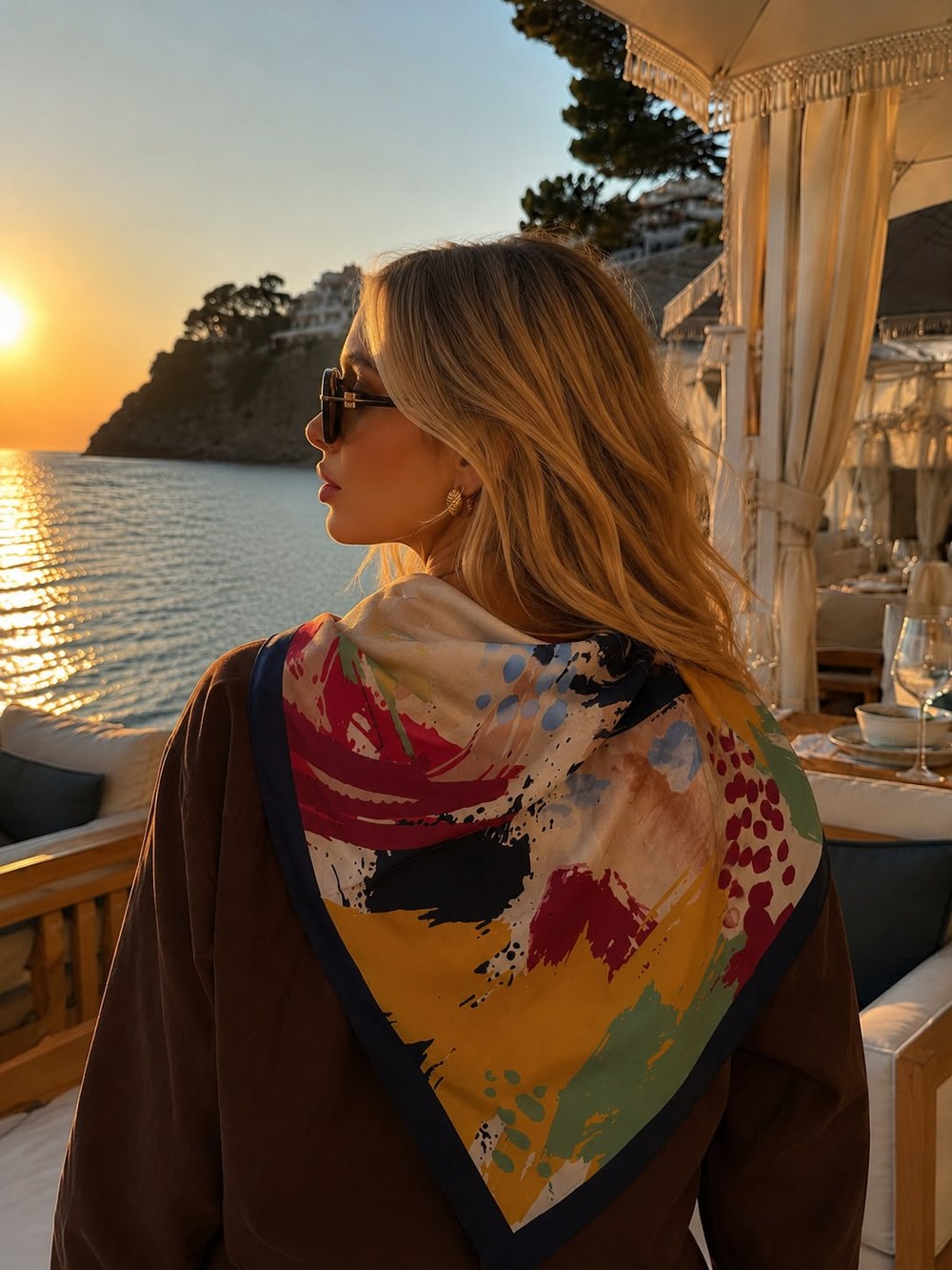 13750-7 Lacivert Kenarlıklı Renkli Saten Bandana Fular 70x70 Cm