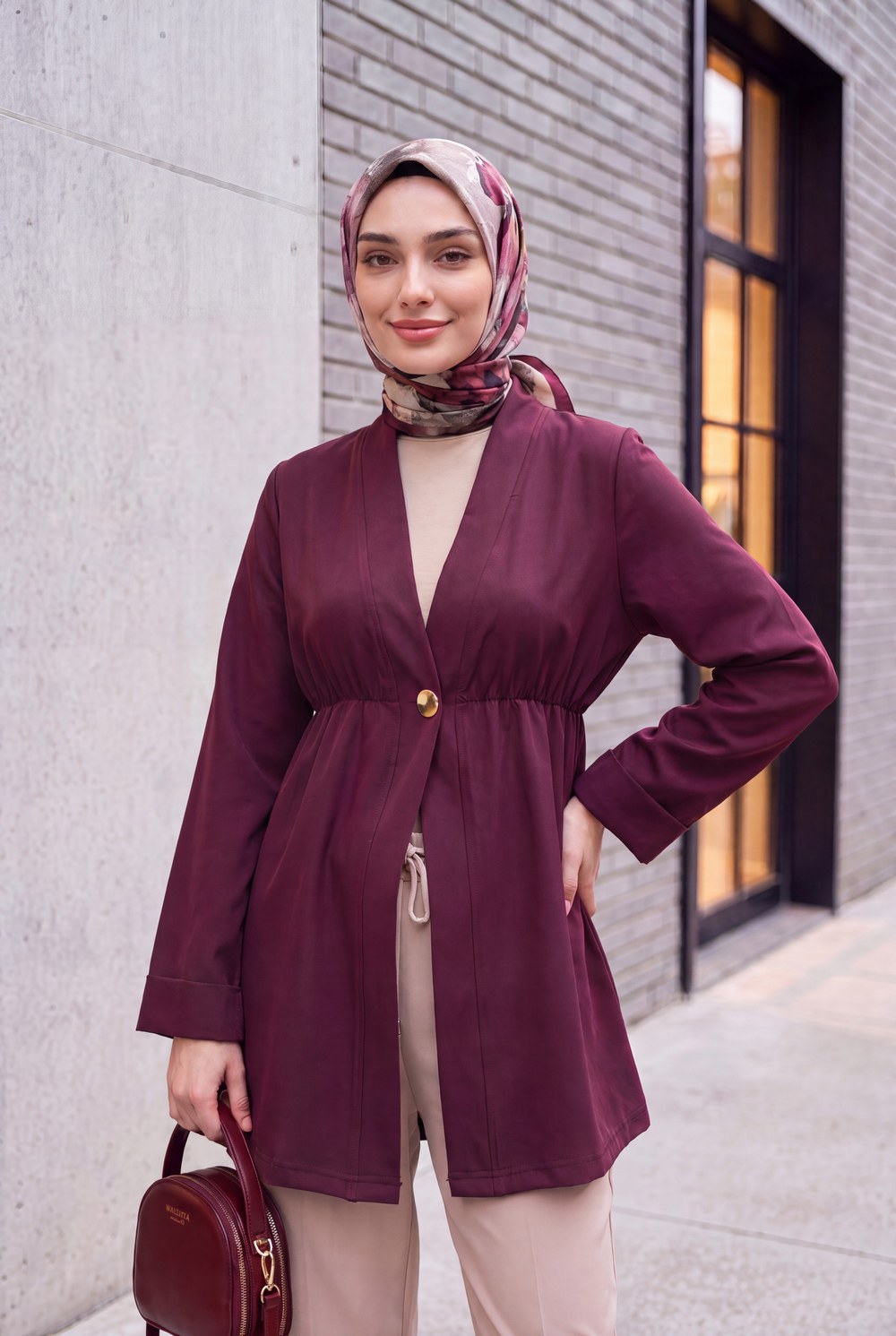 Beli Lastikli Kolu Katlamalı Tek Düğmeli Krep Kimono -Mürdüm