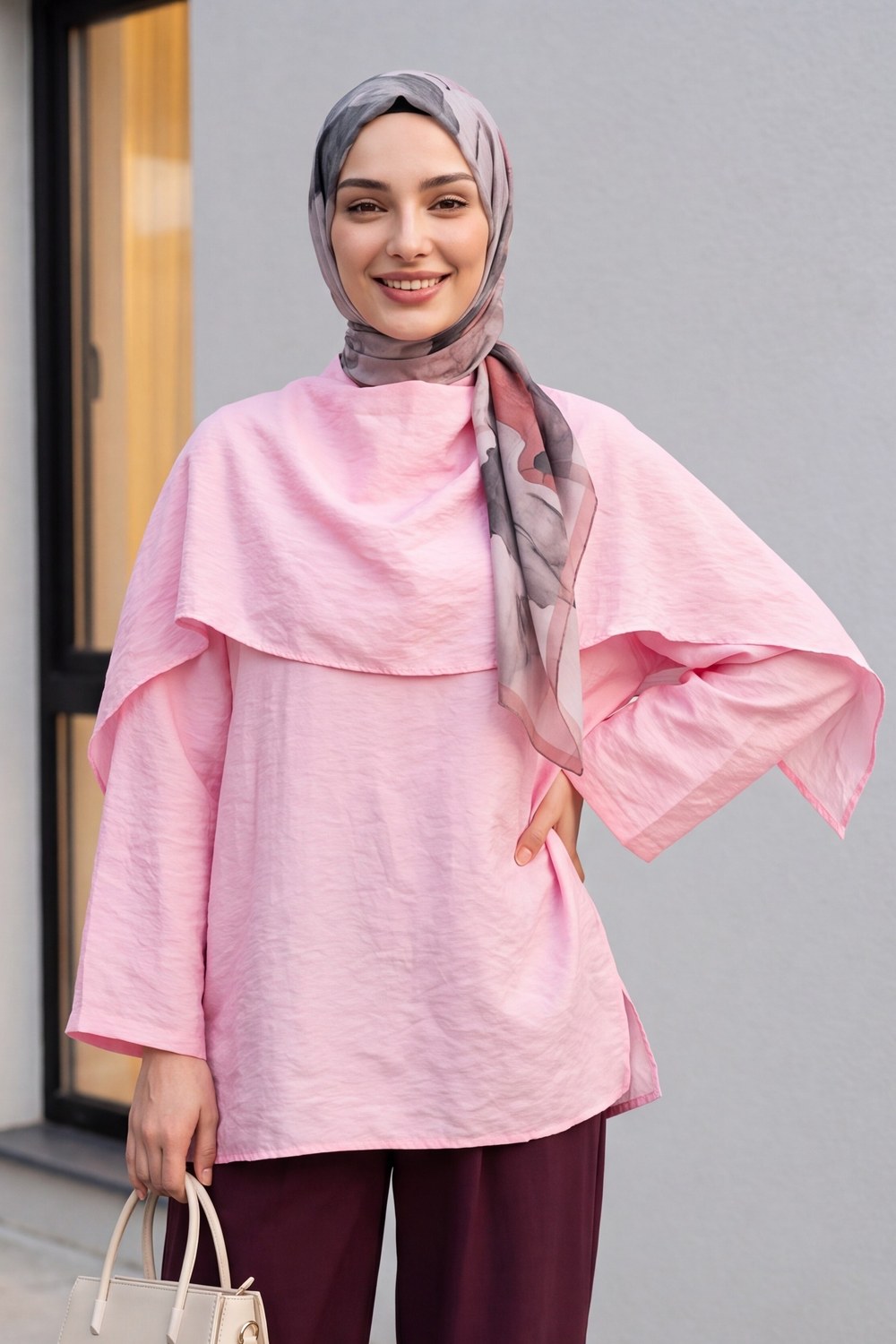 Çıkarılabilir Pelerinli Oversize Modal Tunik -Pembe