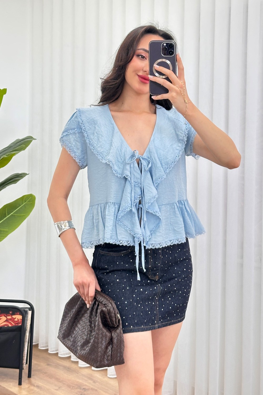 Dantel Detaylı Bağlamalı Toptan Bebe Mavisi Bluz Bebe Mavi