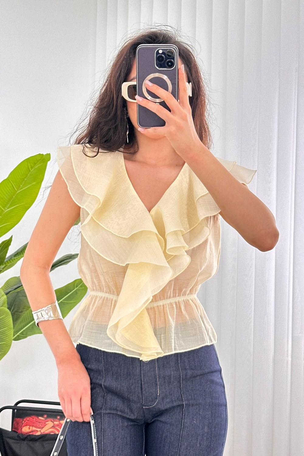 Fırfırlı Beli Lastikli Toptan Sarı Bluz Sarı