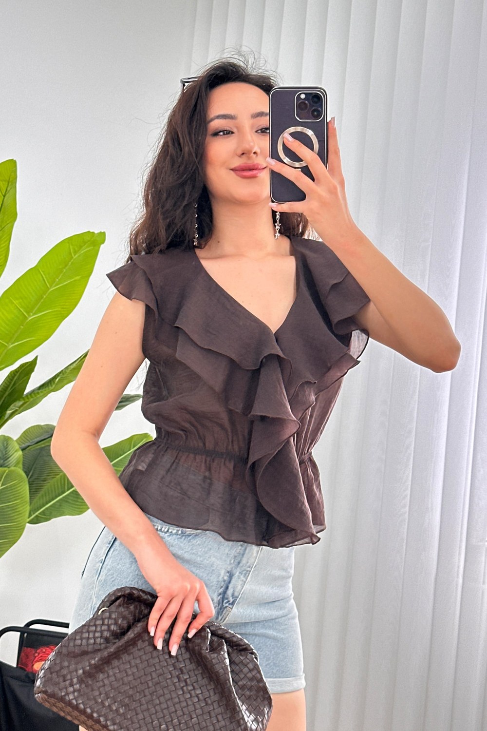 Fırfırlı Beli Lastikli Toptan Kahve Bluz Kahverengi